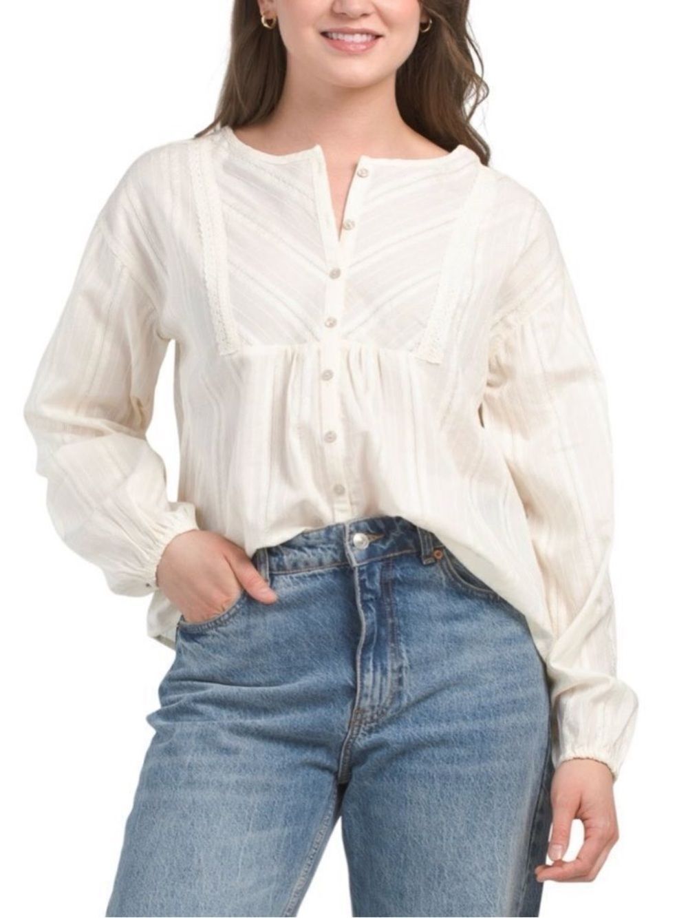 FRYE Marshmallow Ivory Cotton Crochet Lace 3/4 Sleeve Button Front Boho Blouse